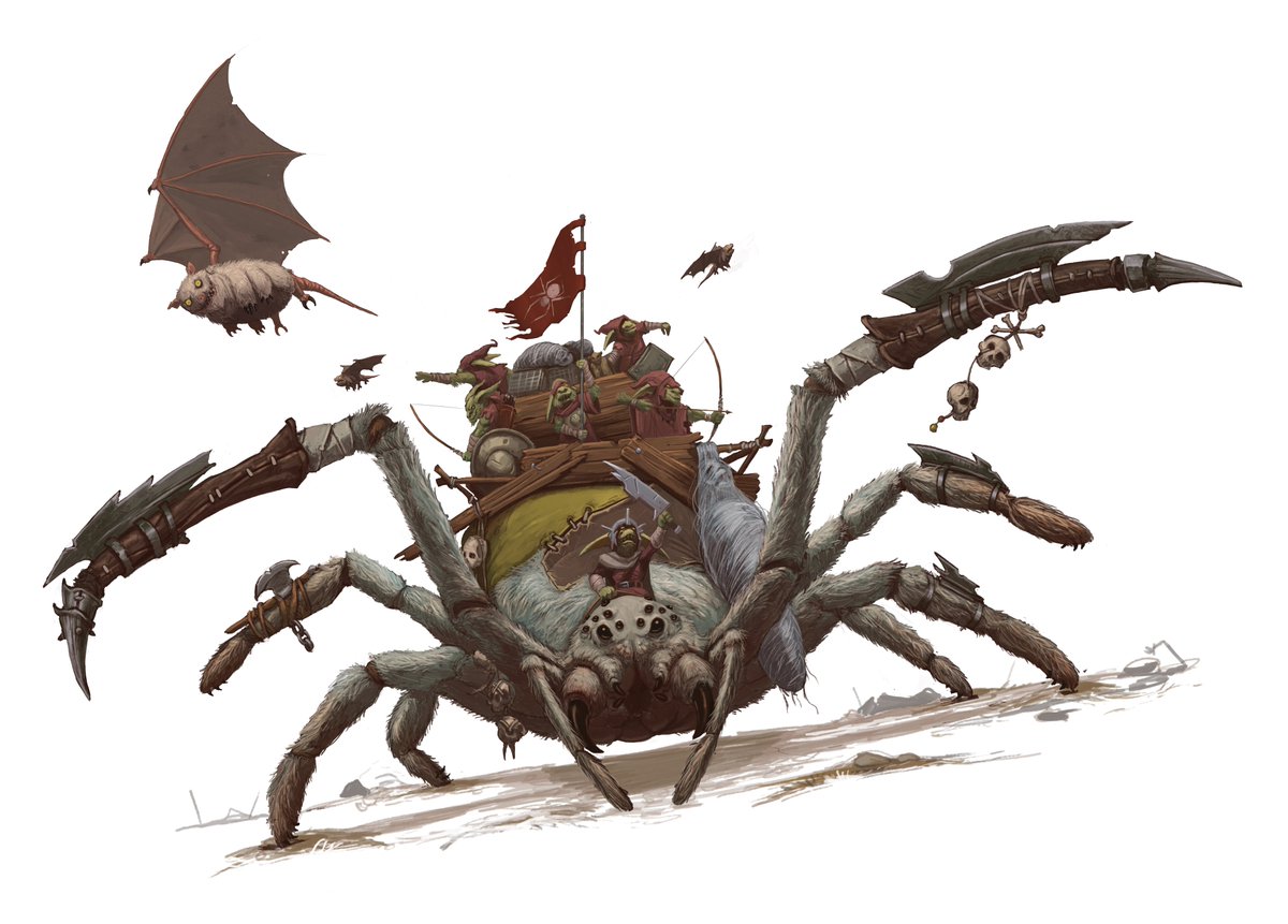 Goblin War Spider I illustrated for @helloMCDM's Flee Mortals! If you want this as a mini (and a bunch of goblins), go check out @Trenchworx1's The Jagged Edge Hideaway Goblin Box on Backerkit. backerkit.com/c/projects/tre… Only 24 hours left! #art #illustration #miniaturepainting