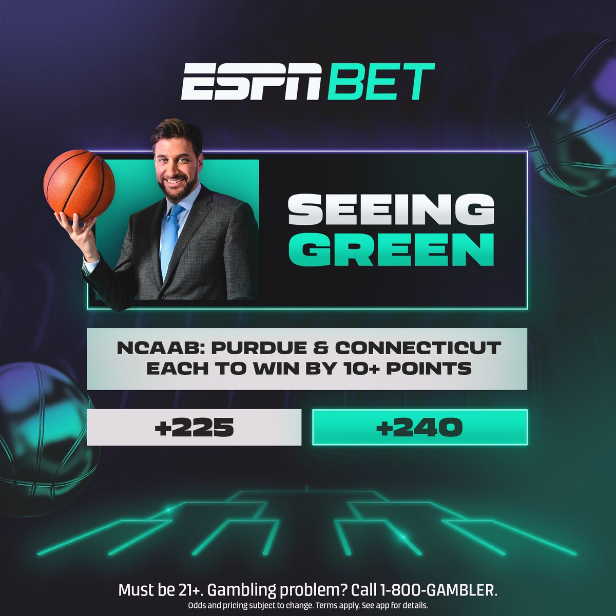 With these Four it’s all about the Favorites! I’m taking Purdue & UCONN to each win by 10 or more points. Are you Seeing Green? 👀👀espnbet.app.link/M8XUkETHHEb #ad
