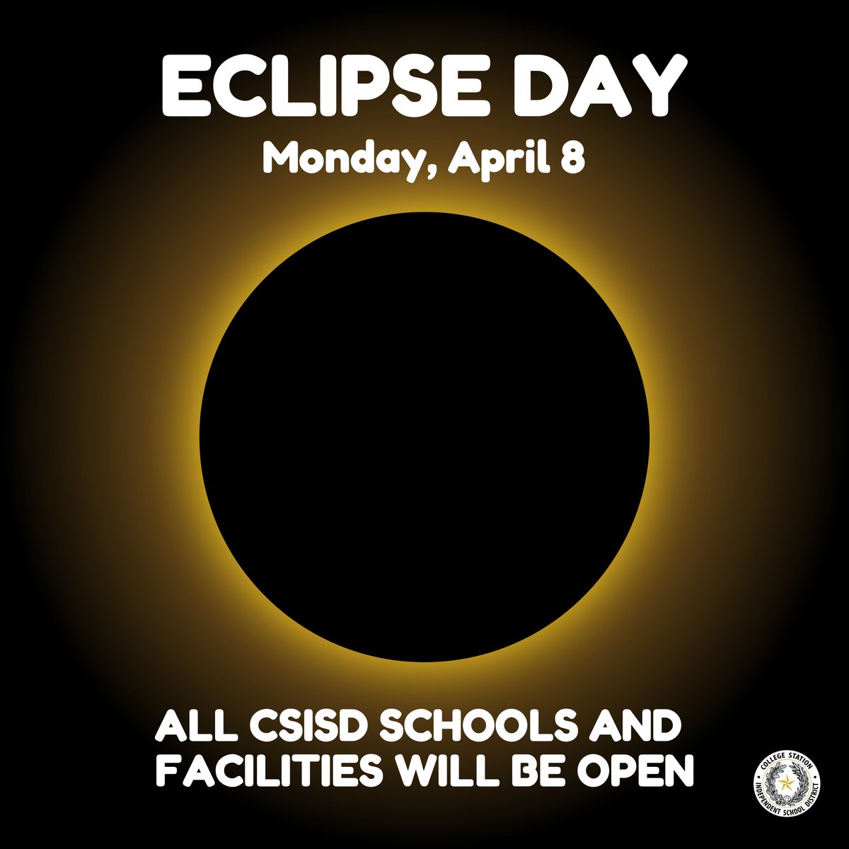 Reminder: All CSISD schools and facilities will be open and operate as normal on Eclipse Day – Monday, April 8. We look forward to learning about and experiencing this incredible phenomenon with our students and staff!☀️ #SolarEclipse2024