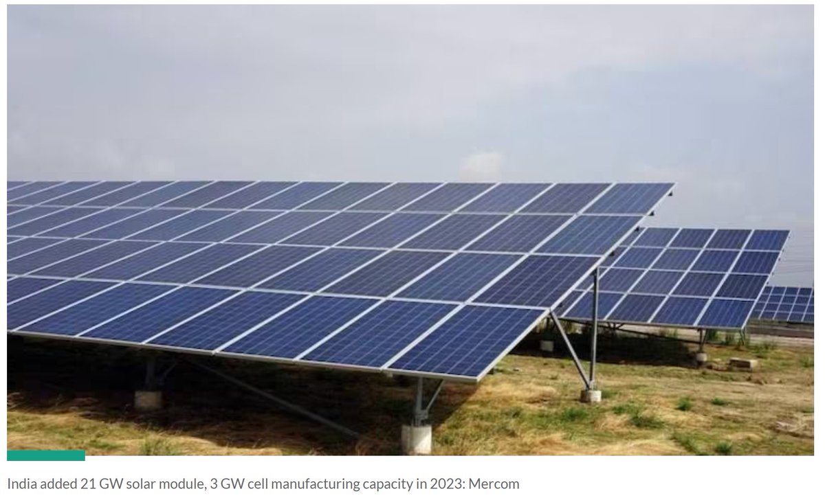 India added 21 GW solar module, 3 GW cell manufacturing capacity in 2023: Mercom India's cumulative solar module manufacturing capacity reached 64.5 GW, and solar cell manufacturing capacity 5.8 GW as of December 2023 moneycontrol.com/news/business/…