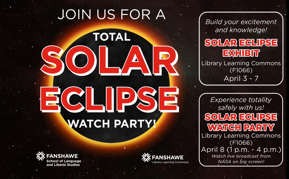 On April 8, a total solar eclipse will cross into North America. London will only experience a 99.6% partial solar eclipse. Join the Library Learning Commons for a watch party from 1 p.m. to 4 p.m. Learn more fanshawelibrary.com/2024/04/04/sol…