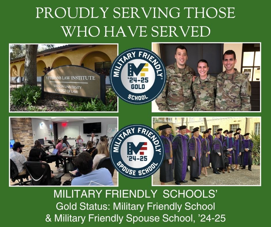 The Stetson Law community is honored to once again be recognized as a top school for veterans by Military Friendly®. For 2024-2025, the College of Law earned Gold status as both a military-friendly school and a military spouse-friendly school. Learn more: tinyurl.com/3xeky563