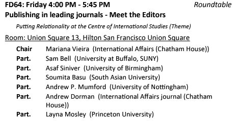 Don't miss this afternoon's roundtable at #ISA2024 on publishing in leading journals! A chance to meet some brilliant journal editors, ask questions and get #Publishing tips 📝✨