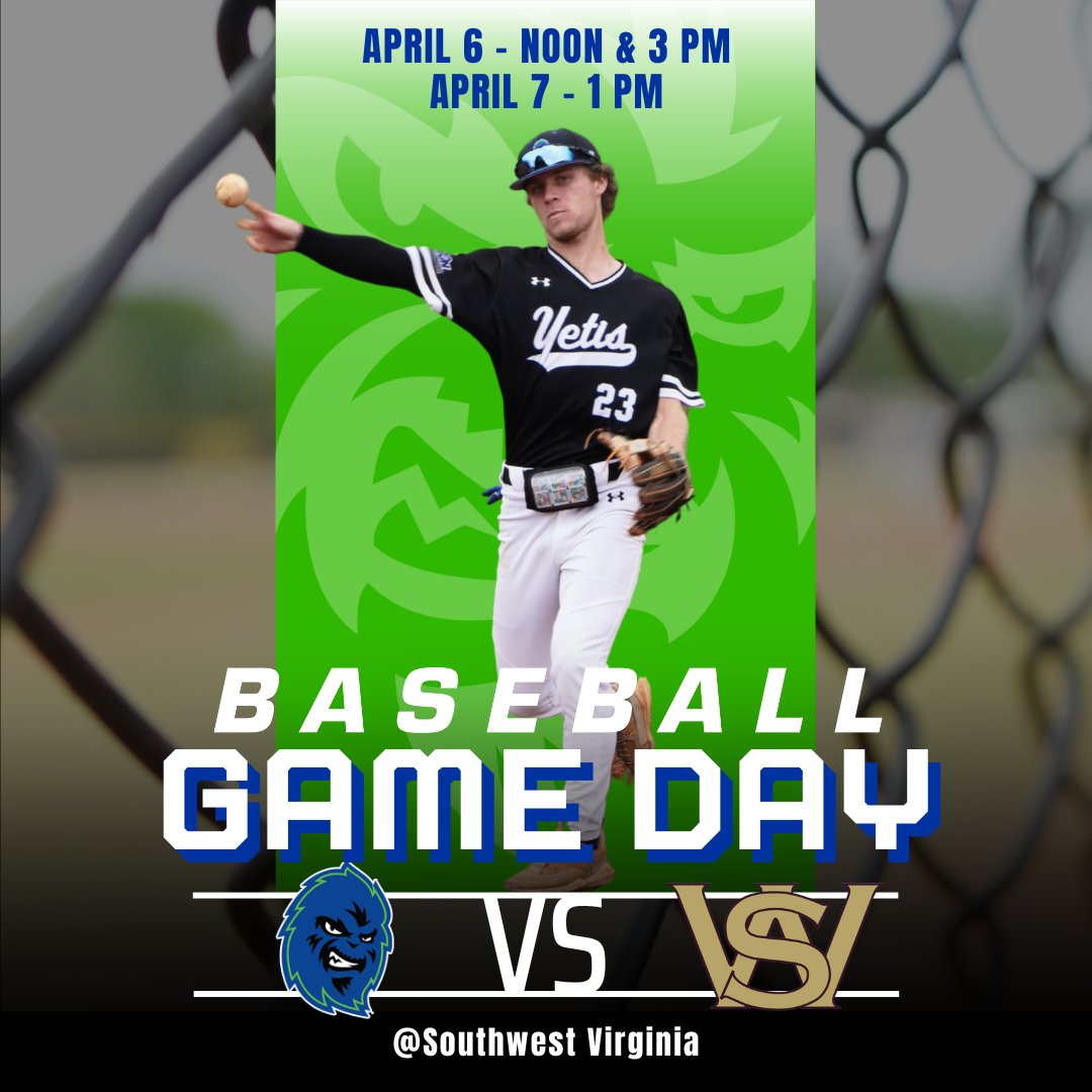 The baseball team travels to Southwest Virginia this weekend for a doubleheader on Saturday, April 6, noon and 3 pm, and a single game on Sunday at 1 pm. @CCCYeti_BSBL