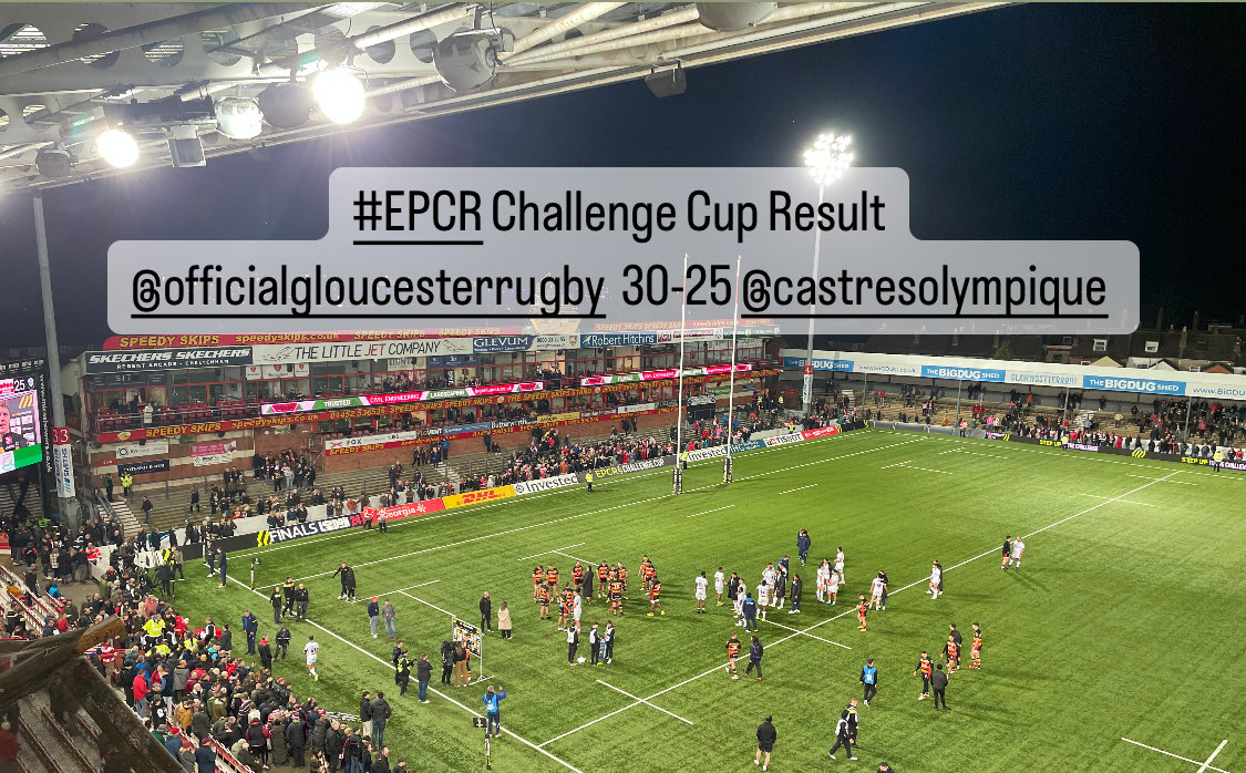 #epcrchallengecup result ⁦@gloucesterrugby⁩ 30-25 @castresolympique . Quarter final at #Kingsholm next weekend.