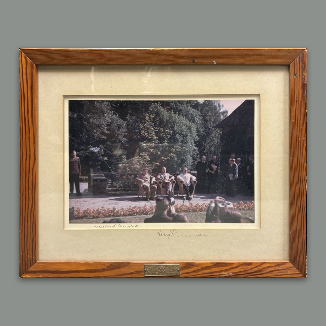 This color #ArchivesSnapshot of Churchill, Truman, & Stalin at the July 1945 Potsdam Conference was signed for Maj. Gen. Harry Vaughan (shown right, in uniform) The frame also has a story: it's made from wood removed from the White House during reconstruction, 1949-52 📷1968.12