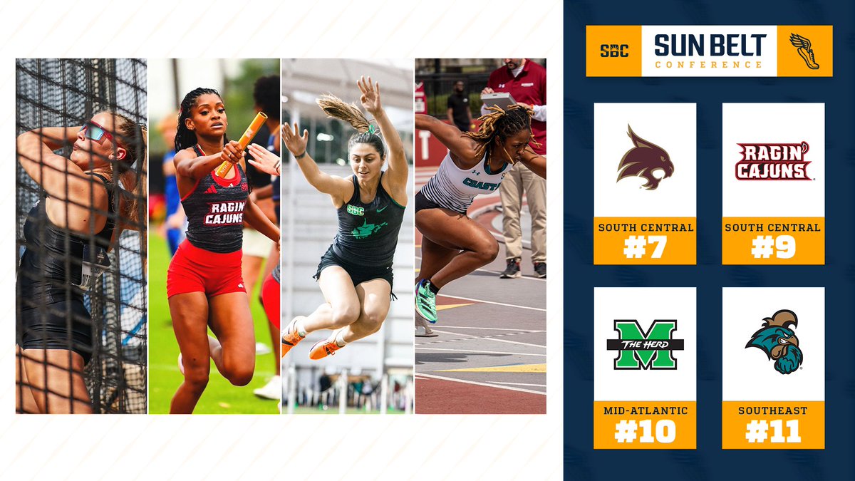 𝗥𝗘𝗚𝗜𝗢𝗡𝗔𝗟 𝗥𝗘𝗖𝗢𝗚𝗡𝗜𝗧𝗜𝗢𝗡. Four women’s #SunBeltTF programs are ranked inside the top 11 of their respective regions. The group includes @TXStateTrack, @HerdTFXC, @RaginCajunsTRK and @CoastalTFXC. ☀️👟