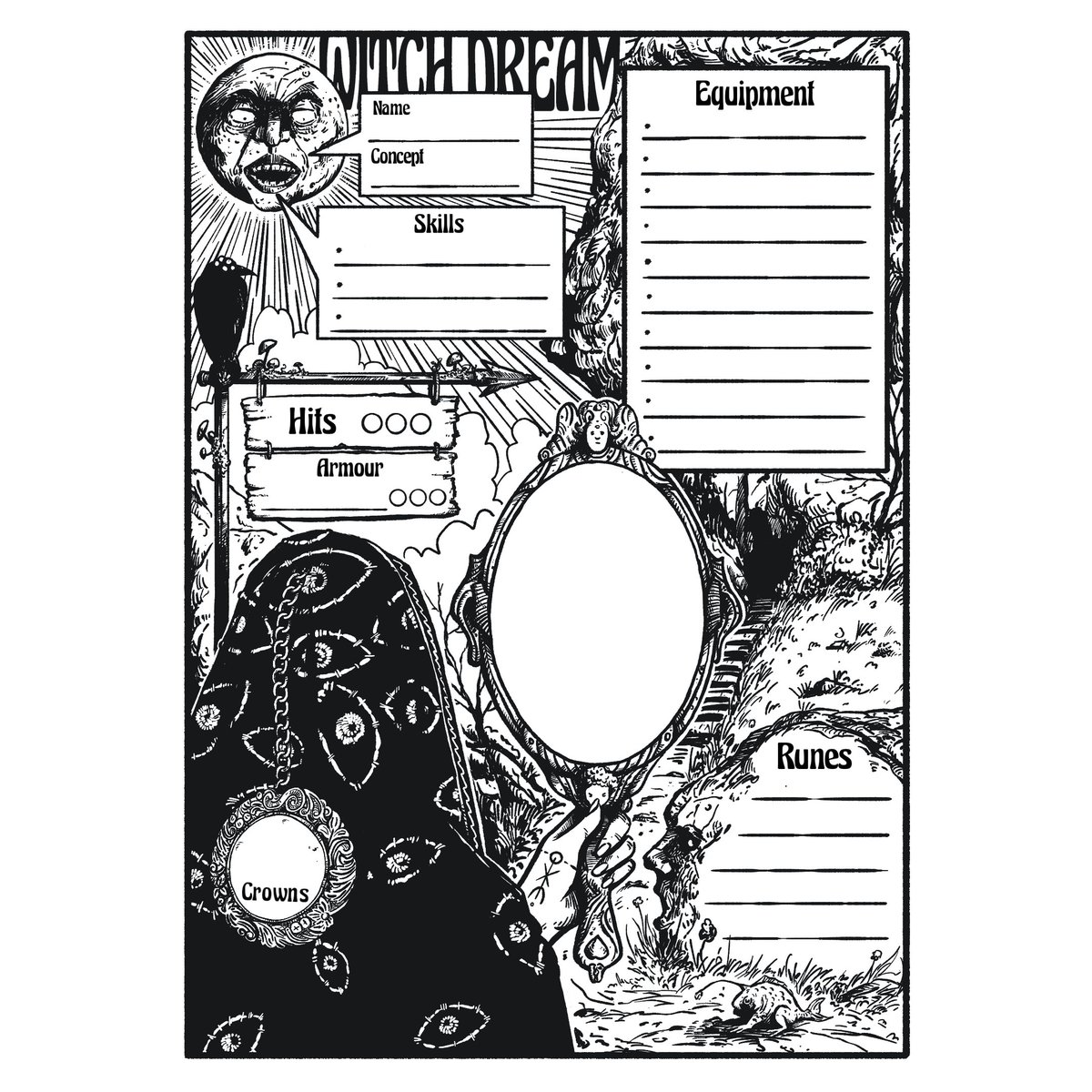 Quick and weird character sheet i did, for fun, for Witch Dream by <a href="/scottmalt/">Scott Malthouse</a>

#charactersheet
#ttrpg