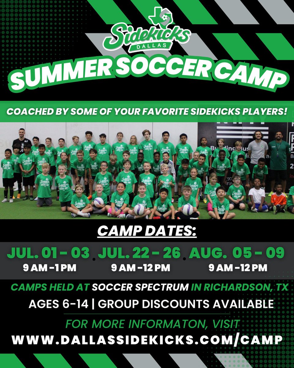 TIME TO MARK YOUR CALENDARS 🗓️ Summer is almost here and that means it's time to sign up for the Dallas Sidekicks Summer Soccer Camp! ☀️⚽️ We've got one 3-day camp and two five-day camps this year and they're ALL INDOORS! 🔗 dallassidekicks.com/camp #SidekicksRising