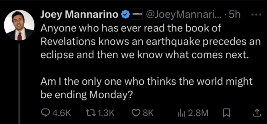 Hey Joey! I've read Revelations. Did you read the part about Trump & Putin & you? Where the beast, and the false prophet, and everyone who worshiped him, get thrown alive into a fiery lake of burning sulfur? The end is coming, but not in the way you think.