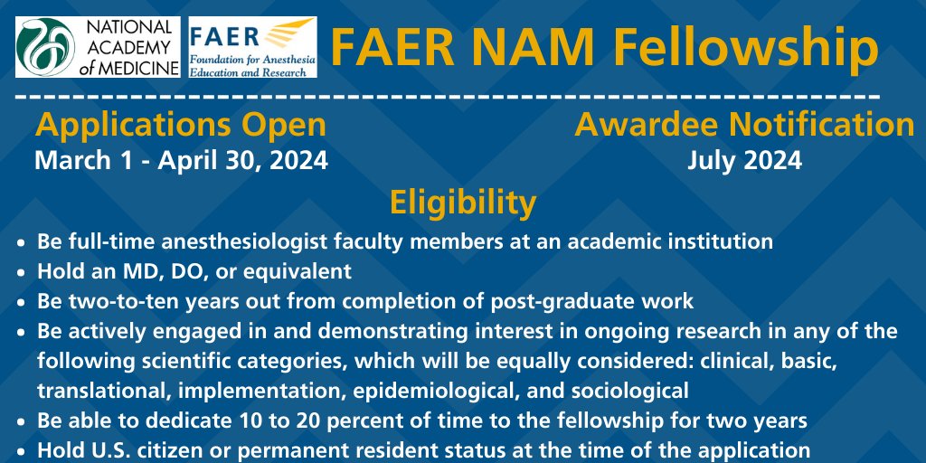 The FAER NAM Fellowship is an outstanding opportunity for early-career #anesthesia scholars interested in engaging with @theNAMedicine & @theNASEM! Offering participation in an appropriate board, working group, or committee, attendance at applicable meetings, & mentorship from a…