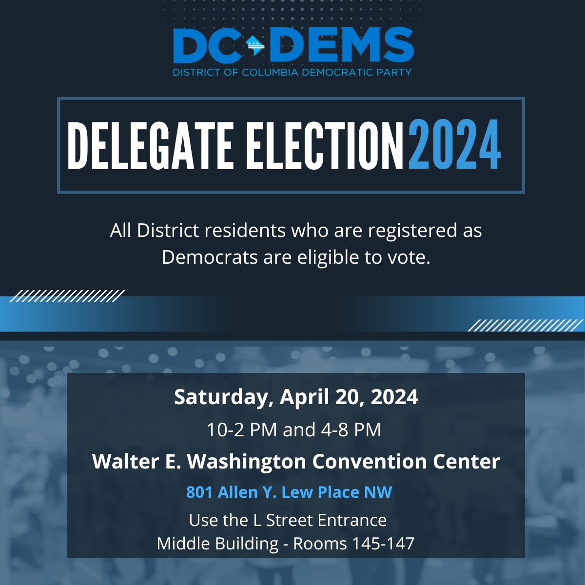Come out and vote for your 2024 District-Level Delegates on April 20th at the Walter E. Washington Convention Center! All District Residents who are registered as Democrats are eligible to vote. RSVP: mobilize.us/dcdems/event/6…