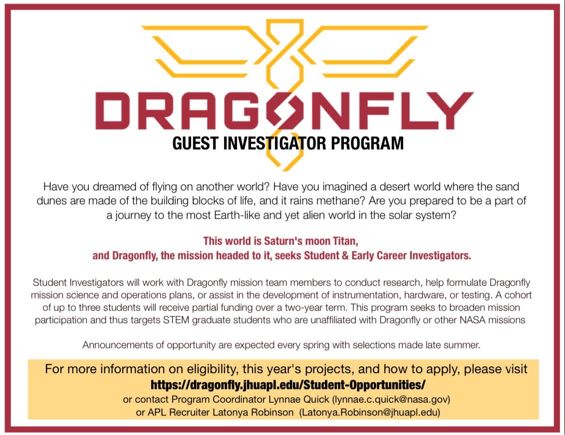 Are you going to grad school or a current grad student? Looking to be involved with mission science? No prior experience in planetary science, geology, etc required. Students from diverse backgrounds and/or who attend MSIs are encouraged to apply! dragonfly.jhuapl.edu/Student-Opport…