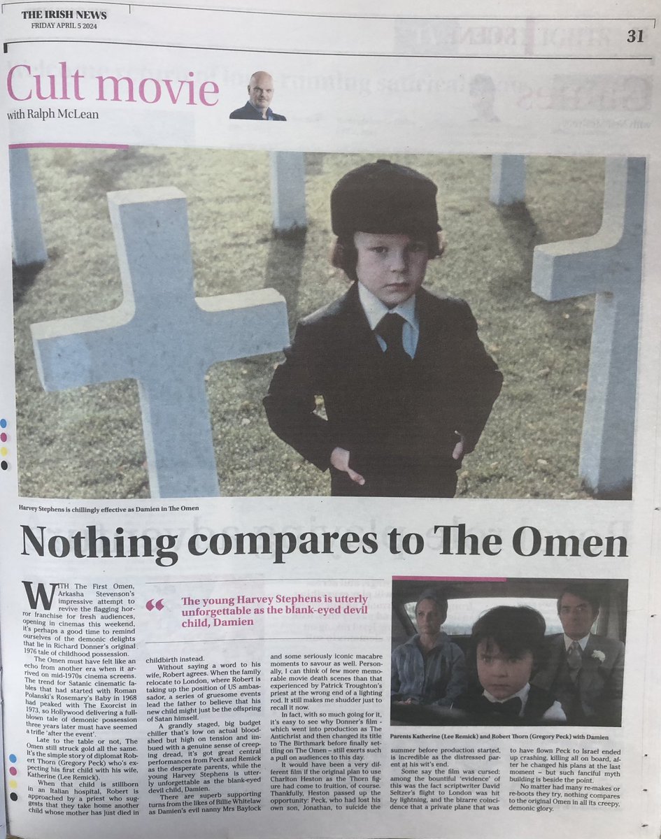 Can’t beat a bit of demonic possession on a Friday. As the new prequel arrives I’m singing the praises of the original, and best, Omen in my cult column for today’s Irish News. the great Billie Whitelaw as Damien’s nanny gives me the fear everytime. #TheOmen