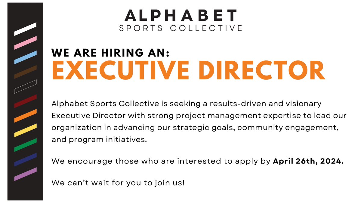 We have exciting news to share! We are officially #hiring.

Alphabet Sports Collective is looking for an experienced professional to join the team as our Executive Director. 

Learn more and apply by April 26, 2024: alphabetsportscollective.com/join-the-team