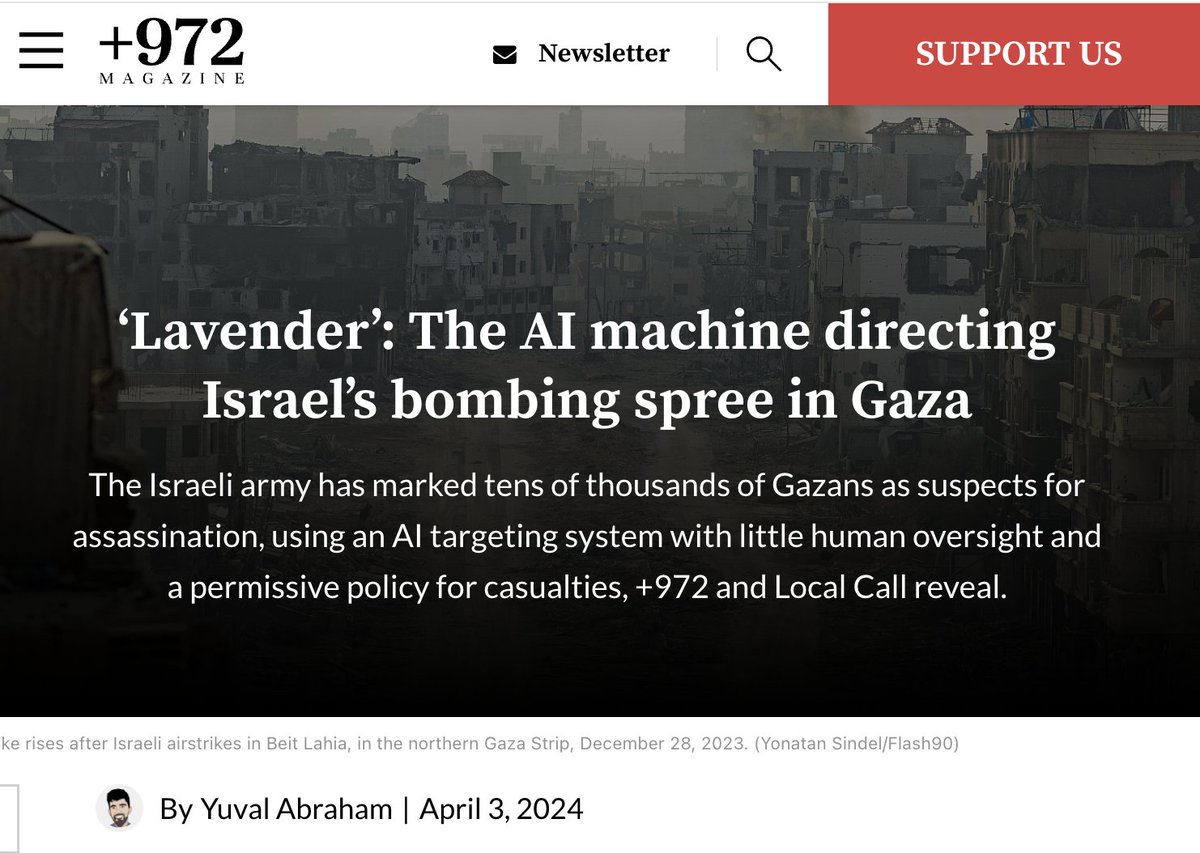 This is one of the most important pieces of reporting since Oct. 7th: According to Israeli army sources, Israel will kill 20 Palestinian civilians if it means killing a low-level target & it will kill 300 Palestinian civilians for a high value target. 972mag.com/lavender-ai-is…