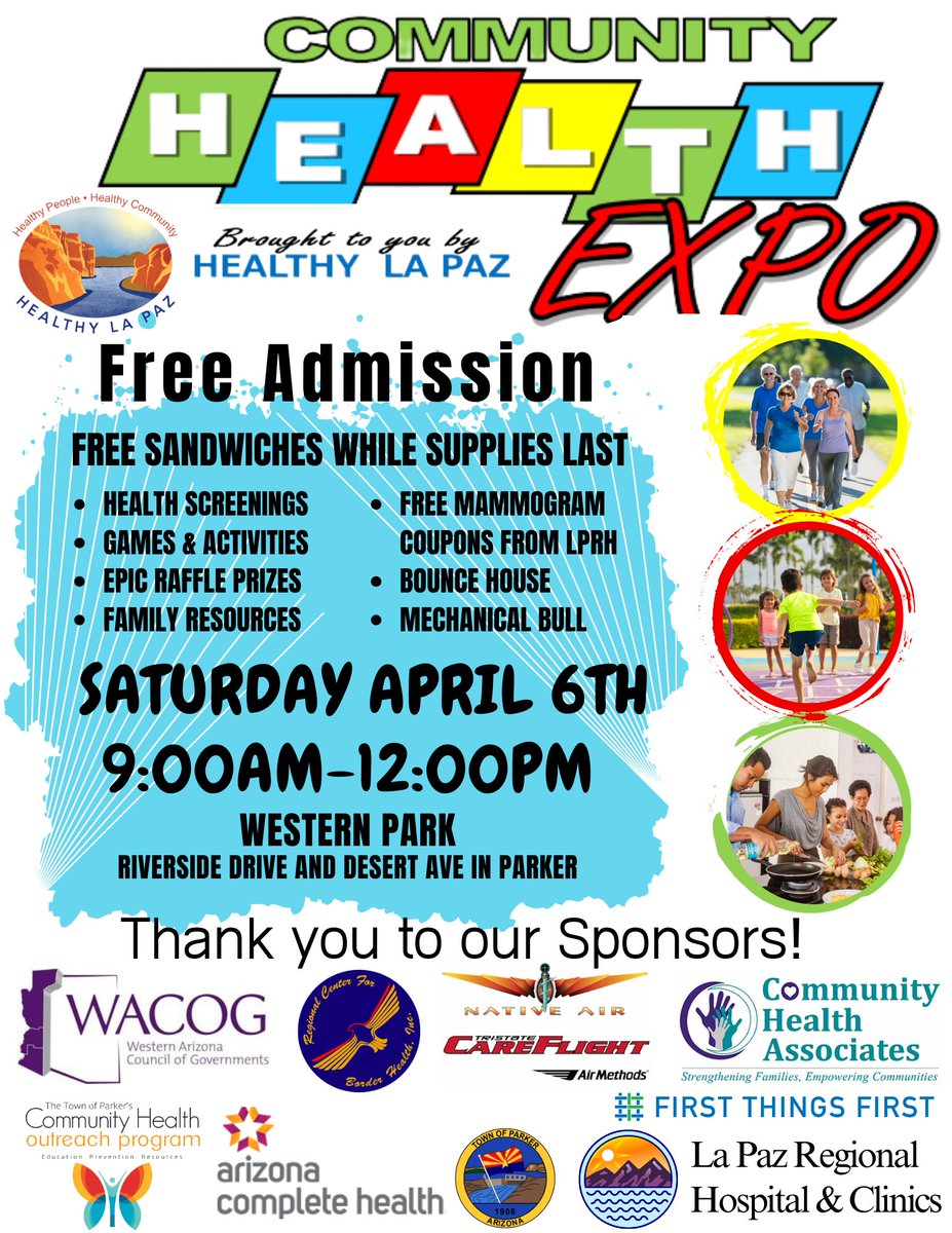 We will be in Parker tomorrow participating in the Community Health Expo. Join us from 9 a.m. to 12 p.m. at Western Park for what promises to be a fun-filled time!
#LaPaz #CommunityHealthExpo #itsfree
