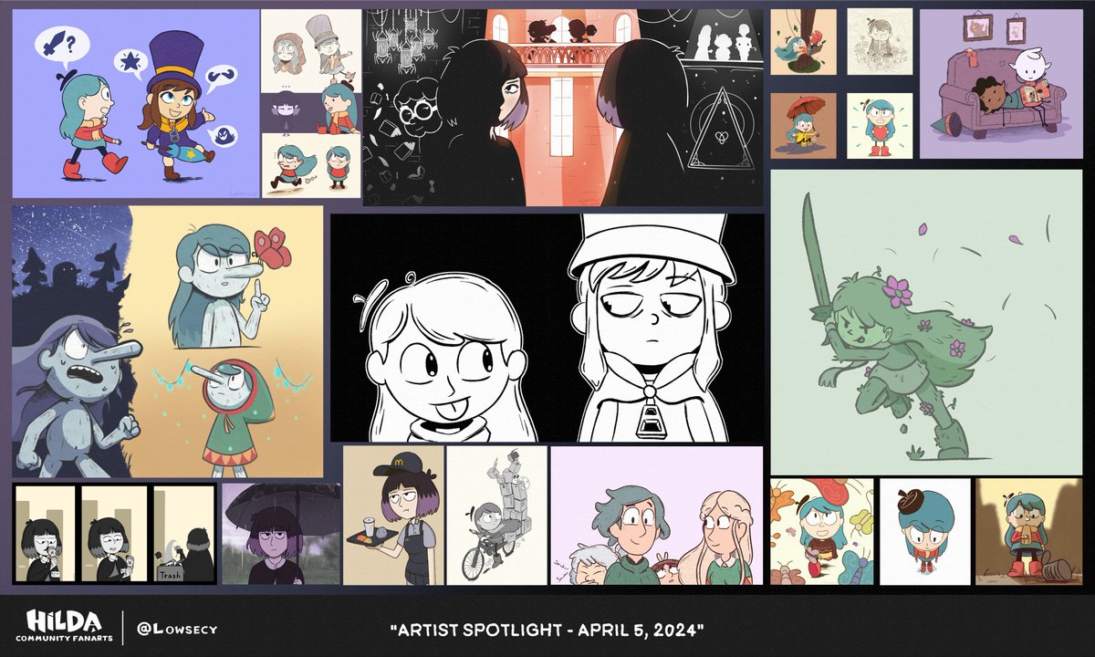 And now, for the artist spotlight this first week of April is @Lowsecy! ✨ A talented Hilda artist that makes awesome and beautiful arts, including the character Hat Kid! And here are his artworks in a compile collage! #hilda #hildatheseries #hildanetflix #hildafanarts