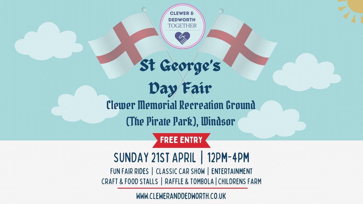 Just over 3 weeks until the St George’s Day at Clewer Memorial Rec. Car show, Tug o War, Fun Dog Show, Table Top Sale, Craft Stall, Morris Dancers, Beer tent and more! #clewer #dedworth #windsor cleweranddedworth.org.uk