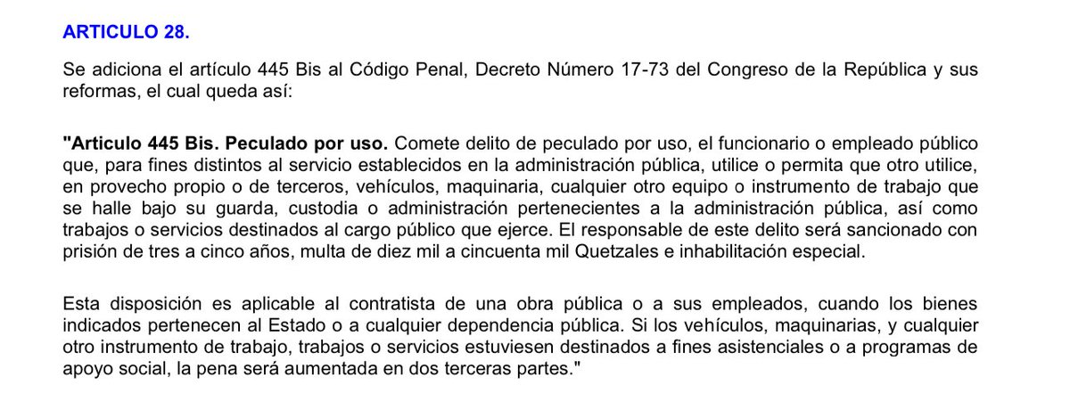 PRISIÓN, MULTA E INHABILITACIÓN PARA MINISTRA E HIJA

Según Ley Contra la Corrupción, la Ministra de Ambiente e hija podrían haber cometido el delito de Peculado Por Uso, cuya pena de 3a5 años en prisión, multa hasta Q50mil e inhabilitación
<a href="/CNCguatemala/">Comisión Nacional contra la Corrupción</a>  <a href="/MPguatemala/">MP de Guatemala</a>