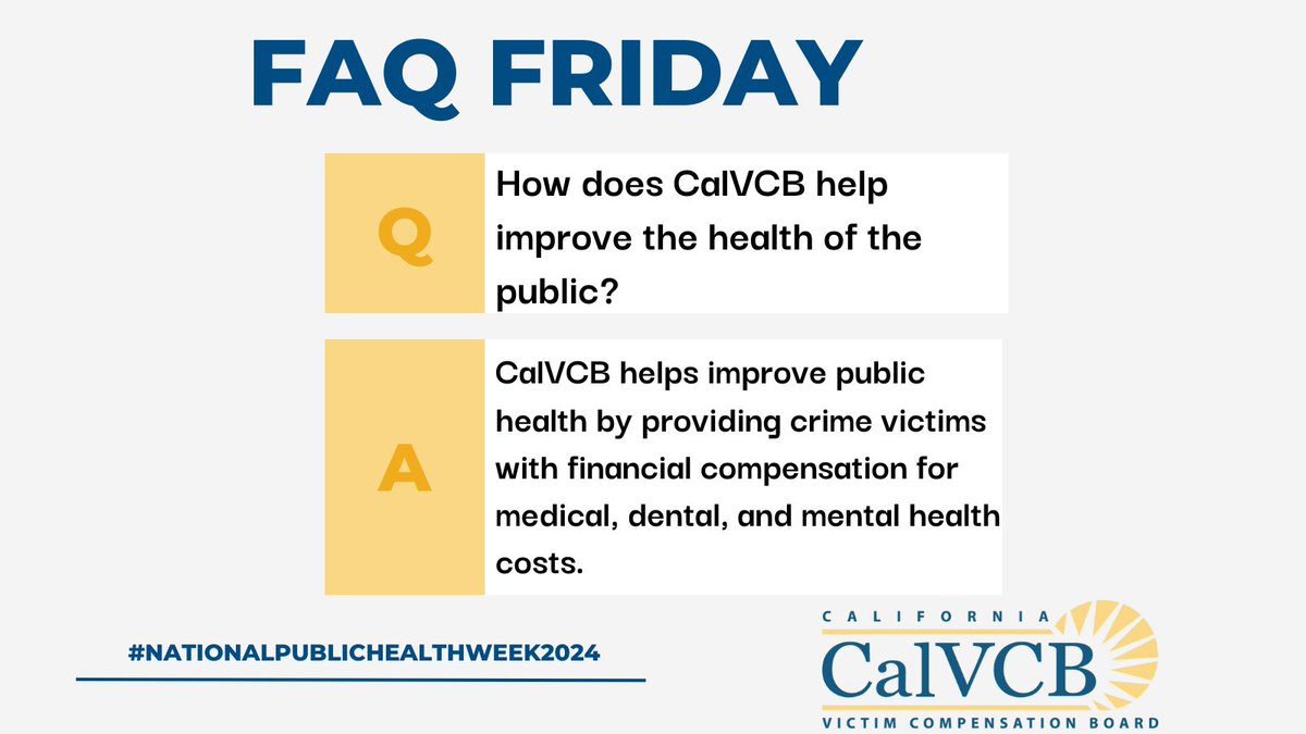 CalVCB strives to help Californians who have been victims of violent crime restore their lives by reimbursing for medical, dental, and mental health costs. Learn more about how CalVCB helps improve #publichealth victims.ca.gov/for-victims/wh… #NationalPublicHealthWeek