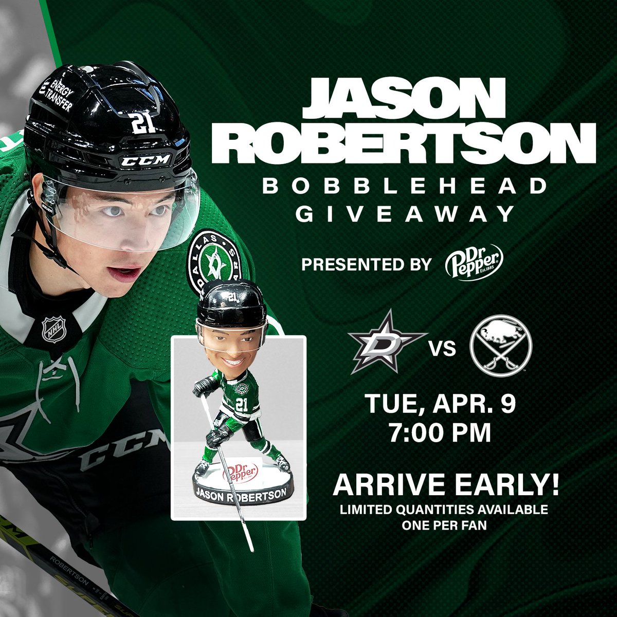 YES, Robo Bobblehead Night is almost here! 🤖

Join us Tuesday as we take on the Sabres at 7pm- a limited number of early arriving fans will receive a Jason Robertson bobblehead, courtesy of @DrPepper!

@jasonrob1999 | #TexasHockey