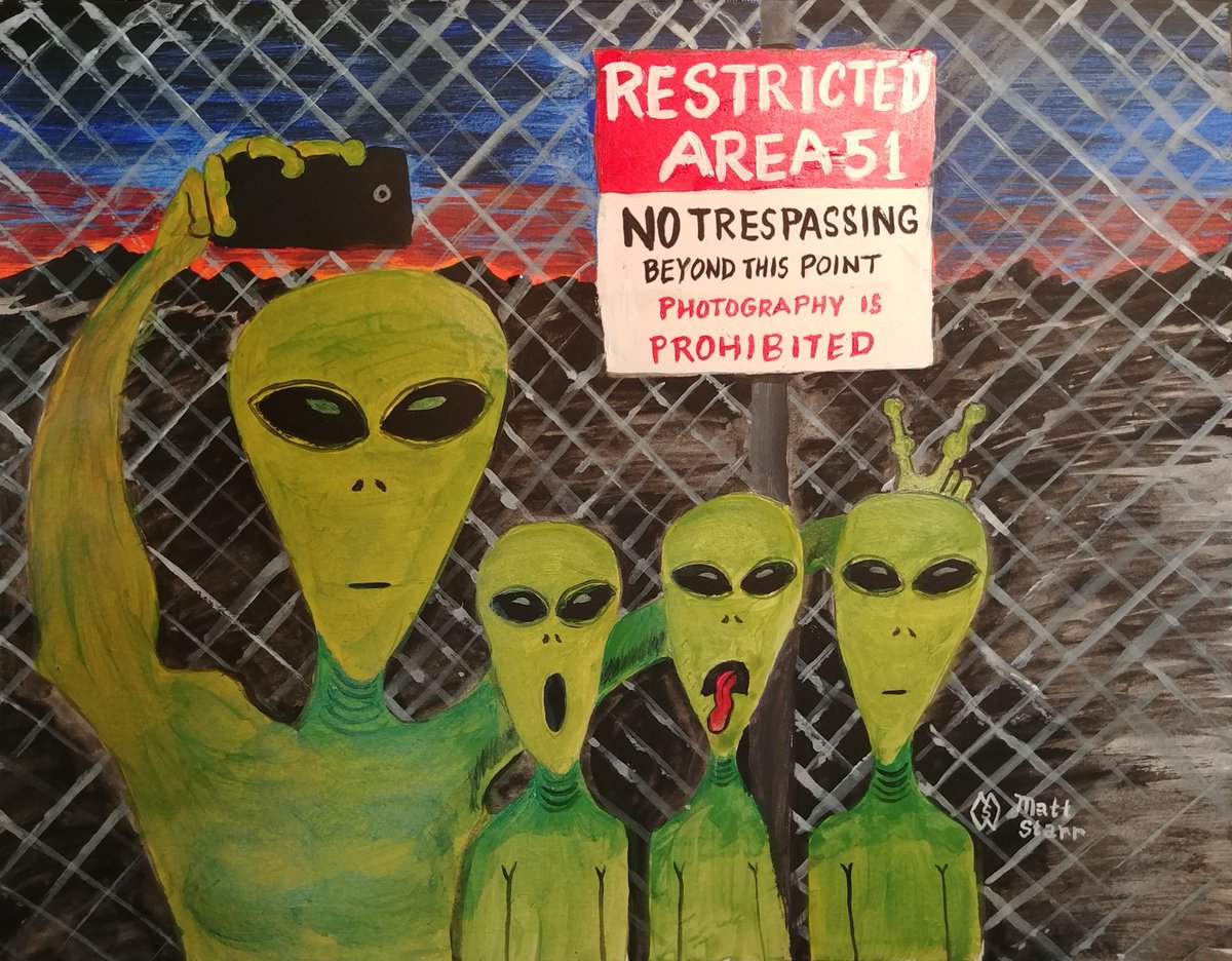 April 26th is Alien Day. This is my painting of a family selfie taken at Area 51 that is Out of this World!   society6.com/art/out-of-thi…
#mattstarrfineart #artistic #paintings #artforsale #artist #myart #gift #art #alien #aliens #selfie #outerspace #space