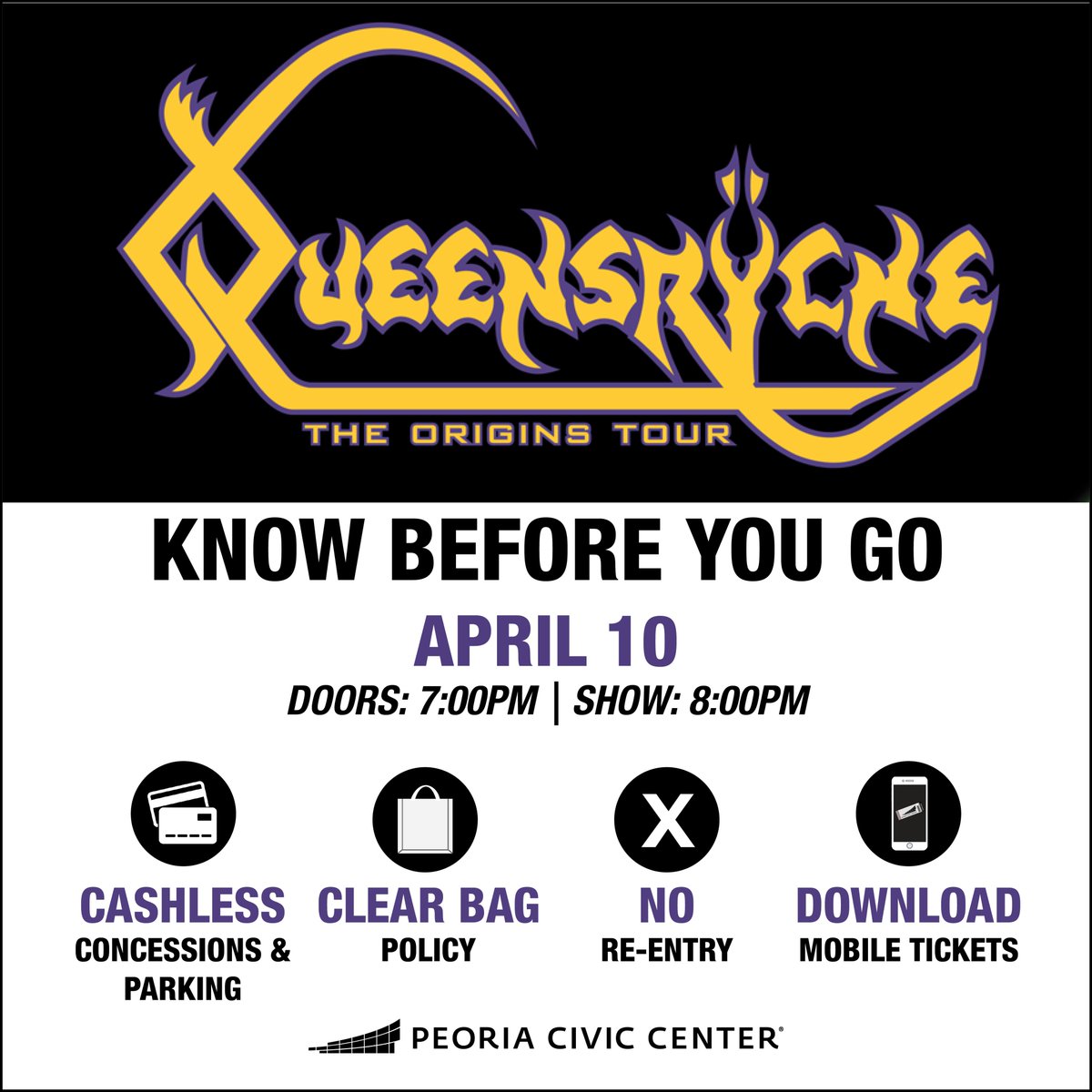 KNOW BEFORE YOU GO Queensryche will be in the Peoria Civic Center Theater on Wednesday! Here are some important reminders before you go to the show. More details at bit.ly/PCCKnowBeforeY…