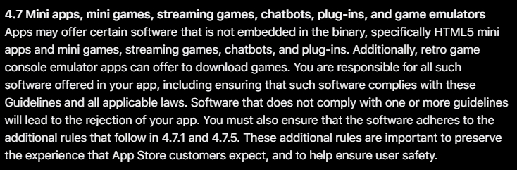 MY GAME DEV FRIEND JUST NOTIFIED ME THAT GAME CONSOLE EMUS ARE NOW ALLOWED ON THE APP STORE??

UNLESS IM MISINTERPRETING IT, THIS IS REAL: developer.apple.com/app-store/revi…