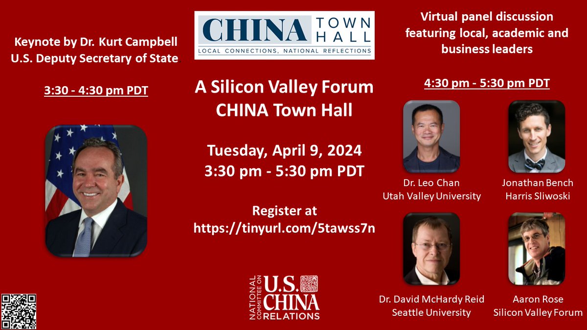aarondrose's tweet image. Join me on Apr. 9, 2024, as I moderate the virtual #SiliconValleyForum #ChinaTownHall featuring #USChina experts @Harris_Sliwoski's @jonathan_bench, @UVU's Leo Chan, @seattleu @AlbersatSU's David Reid. Register at tinyurl.com/5tawss7n. @NCUSCR #China #CTH2024 #GlobalBusiness