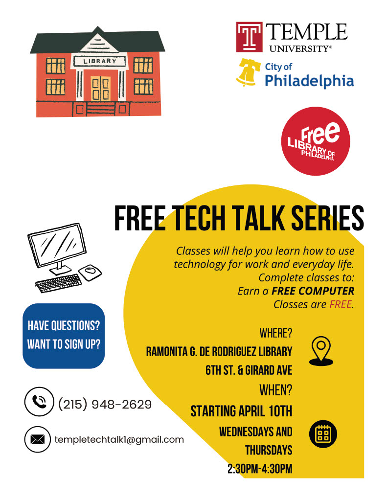 Throughout spring, Temple University will visit Free Library locations for informative tech talks covering everything from basic computer skills to social media and job searches. Attend an entire series, and you could take home a new laptop! Learn more: libwww.freelibrary.org/blog/post/5276