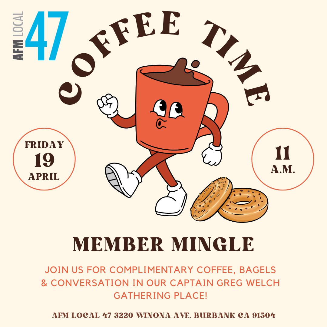 #AFM47 members: Please join us for complimentary coffee, bagels & conversation in our Captain Greg Welch Gathering Place on Friday, April 19 @ 11am. ☕🥯