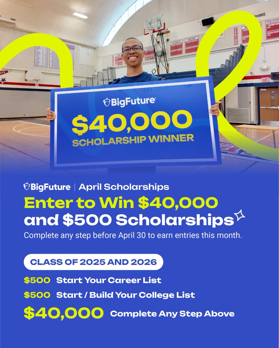 🚨 Calling all sophomores and juniors! 🚨 There are a few ways to win #BigFuture $40K and $500 #scholarships. No need for your GPA, test score, or an essay! 🙌 Simply complete any of these steps by April 30 to qualify. spr.ly/6014wK7eq