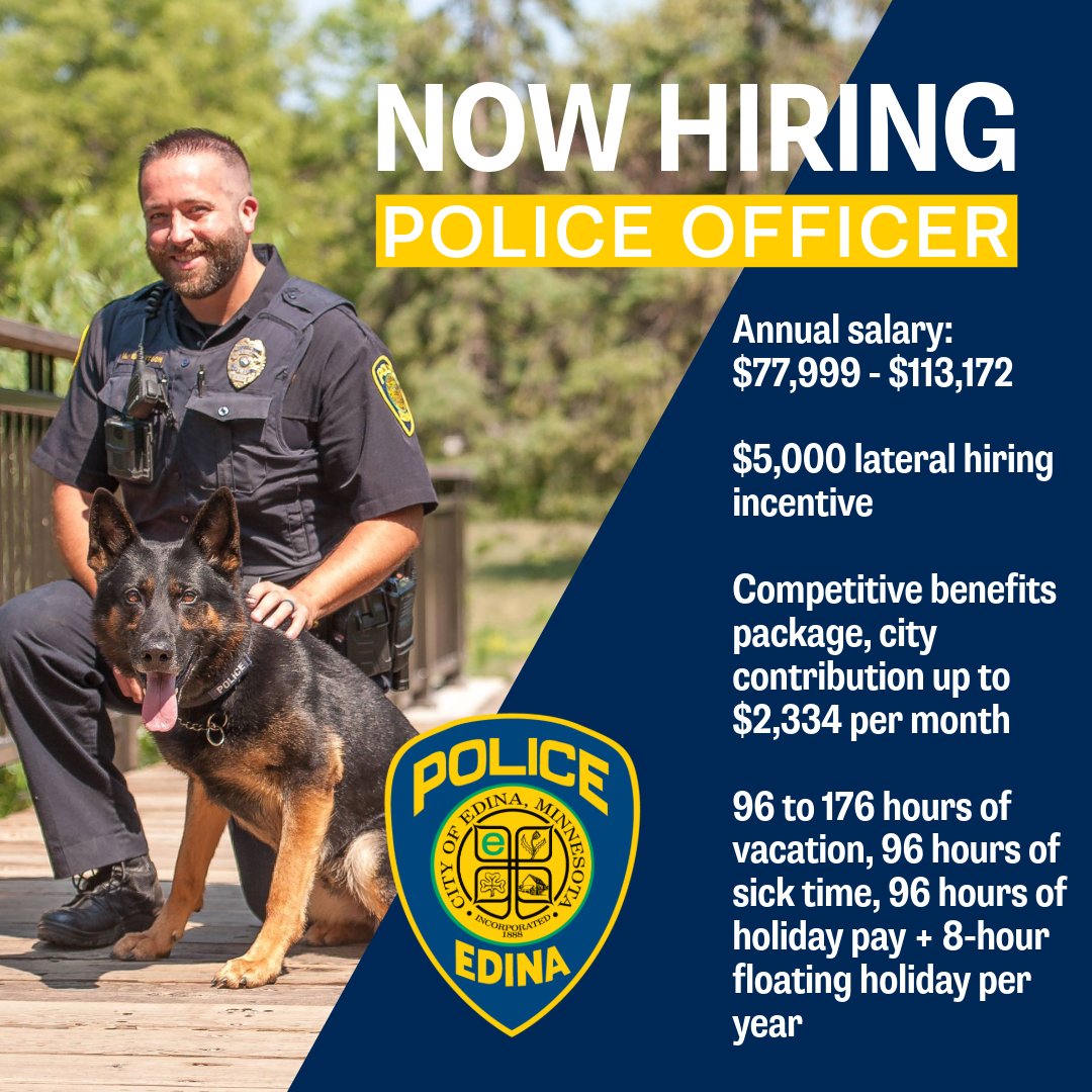 The Edina Police Department is hiring Police Officers! Learn more and apply: bit.ly/3TKLKME.