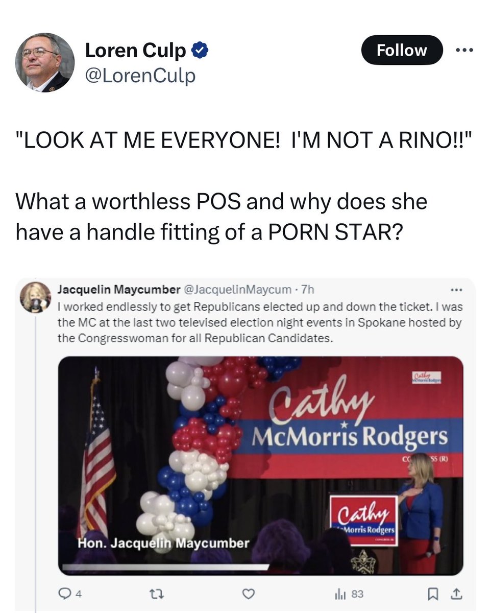 Question for all R’s: Does this post from Loren Clup about a fellow Republican Jacquelin Maycumber really represent the values we say we hold. Perhaps it is time ask, Are we who we say we are? BTW only libertarians use the term RINO.