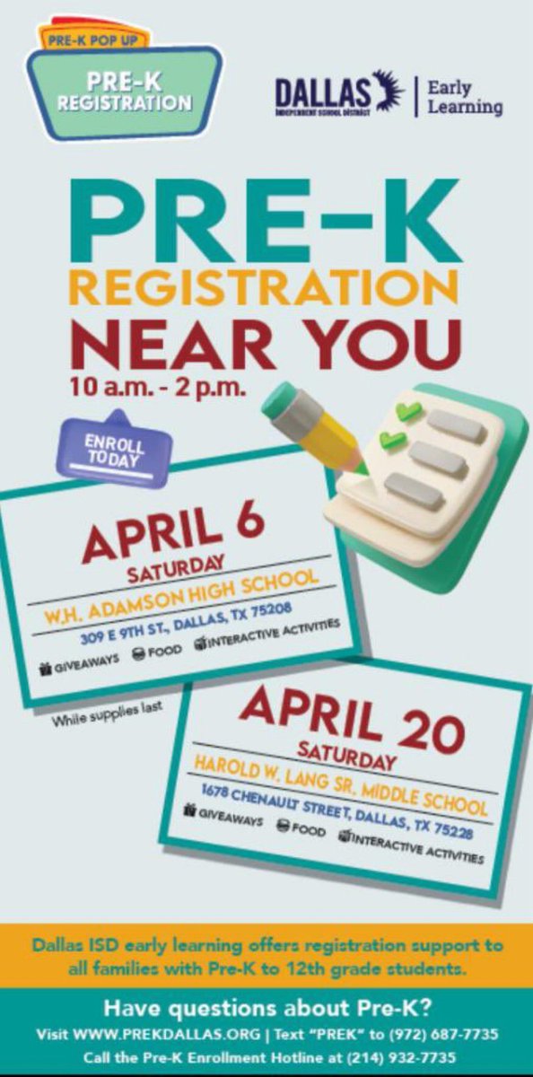 ⭐️PreK Enrollment Event⭐️ Please join us on Saturday, April 6th at Adamson High School from 10:00-2:00 to enroll your child for PreK. See you there! @MurilloDebbie1 @DrElenaSHill @StartsWithPrek @ICanReadDallas