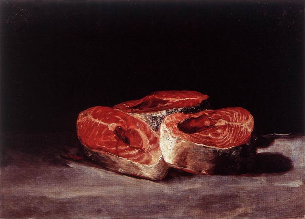 Nobody understands me like you do, three salmon filet still life painting by infamous painter Francisco Goya