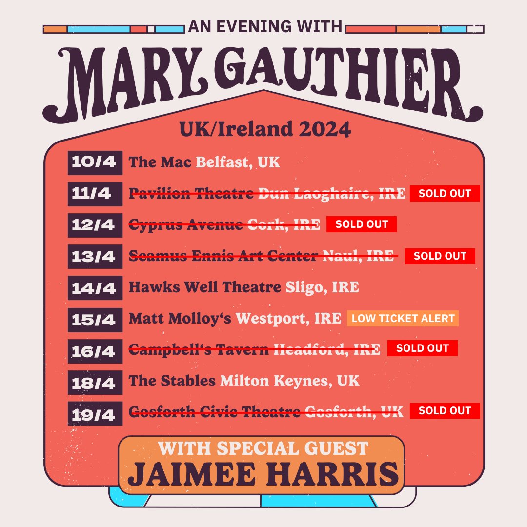Hey friends, the UK + Ireland tour is just a moment away. Be sure to check out which shows are sold out or have few tickets left. Get yours while you can! Excited to be back across the pond. marygauthier.com/tour