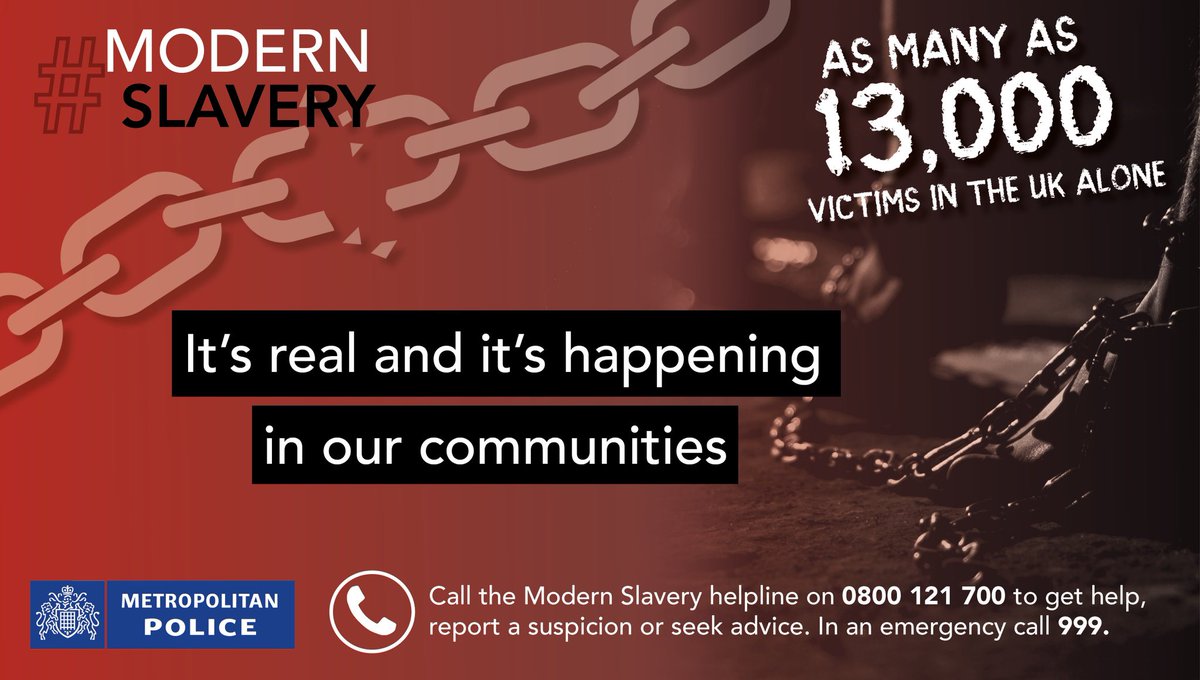 If you or someone you know needs help or you suspect Modern slavery or exploitation is happening in your community. Speak out and Report It. 
#ModernSlaveryAwareness #MyLocalMet #MoreTrustLessCrimeHighStandards