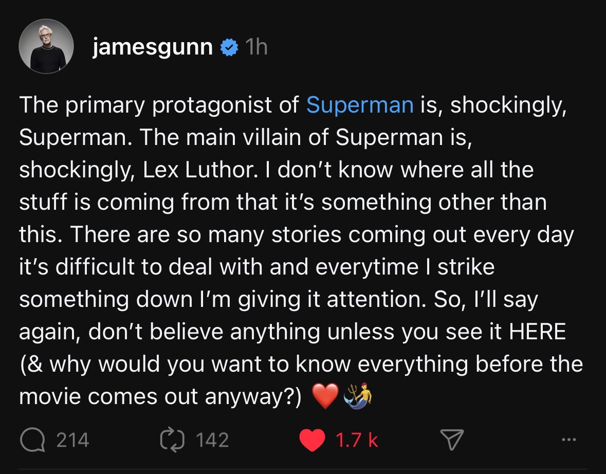 Honestly, the transparency between @jamesgunn and this project is so refreshing. The number of false rumours is baffling! SO hyped for this film!
