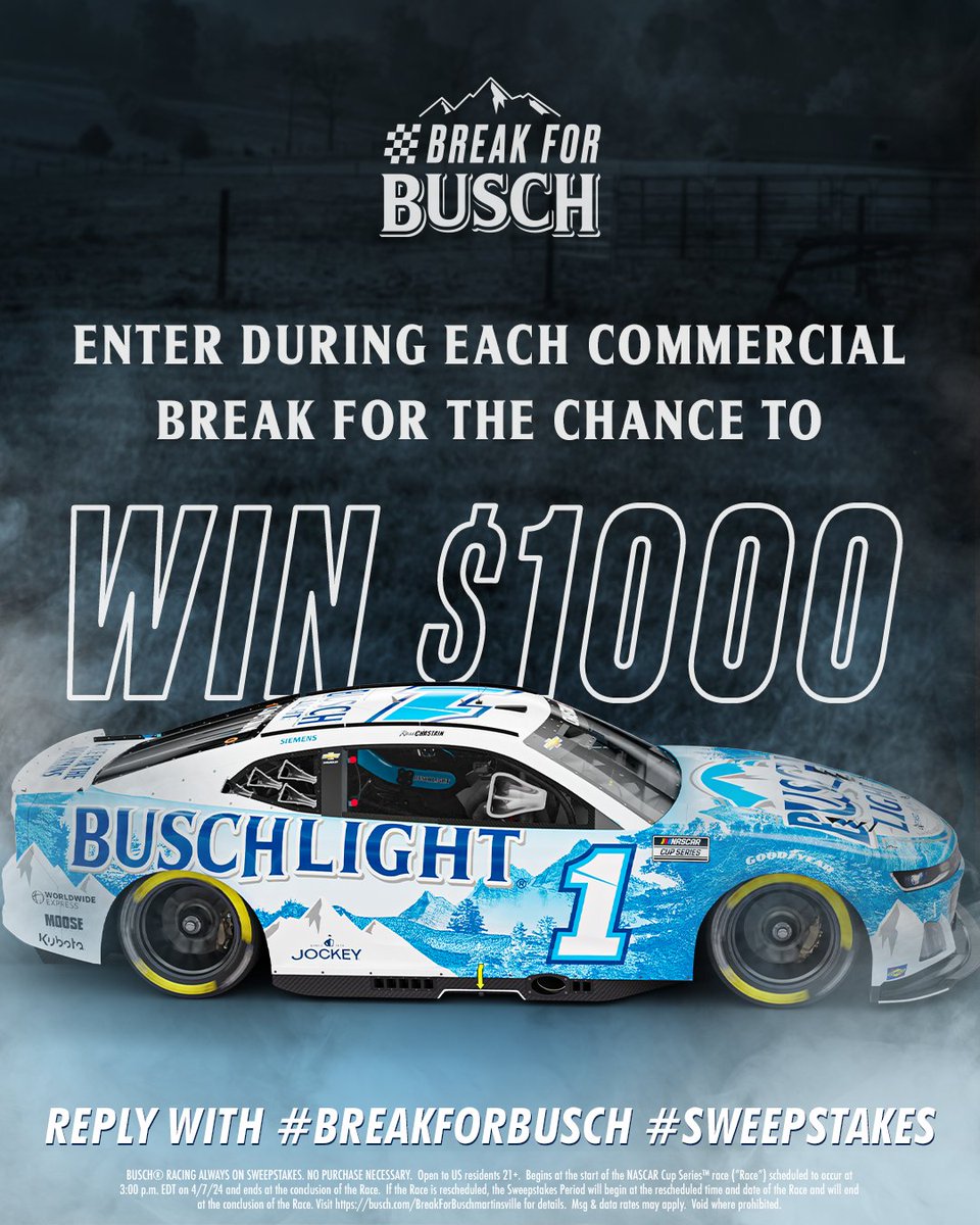 It’s race day folks, you know what that means! @MartinsvilleSwy​​ Tune into the #MVSCookOut400 and get ready to reply during every commercial break with #BreakForBusch #Sweepstakes for a chance to win $1K.