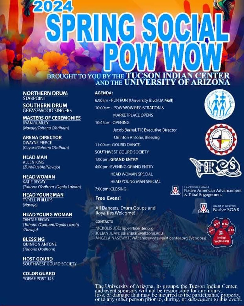 We are honored to be one of the sponsors and organizers of the 2024 Spring Social POW Wow coming back to @uarizona after 10 years in collaboration with @tucson.indian.center , @UA_IResCenter  , UA NASA , @IndigiWellbeing  , @NativeSoar  , NATE and NAI!!!