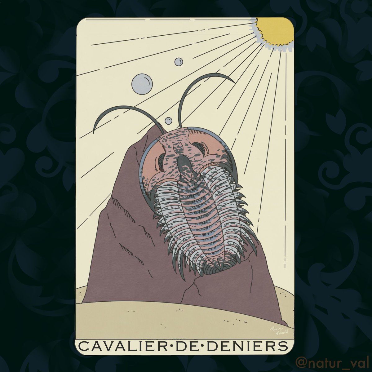 Tarots Before Time - Cavalier de Deniers (Knight of Pentacles). Once again I chose an armored creature from the distant Lower Cambrian: a trilobite. These marine arthropods lived on this planet for approximately 270 million years, an important guide fossils for the Paleozoic era.
