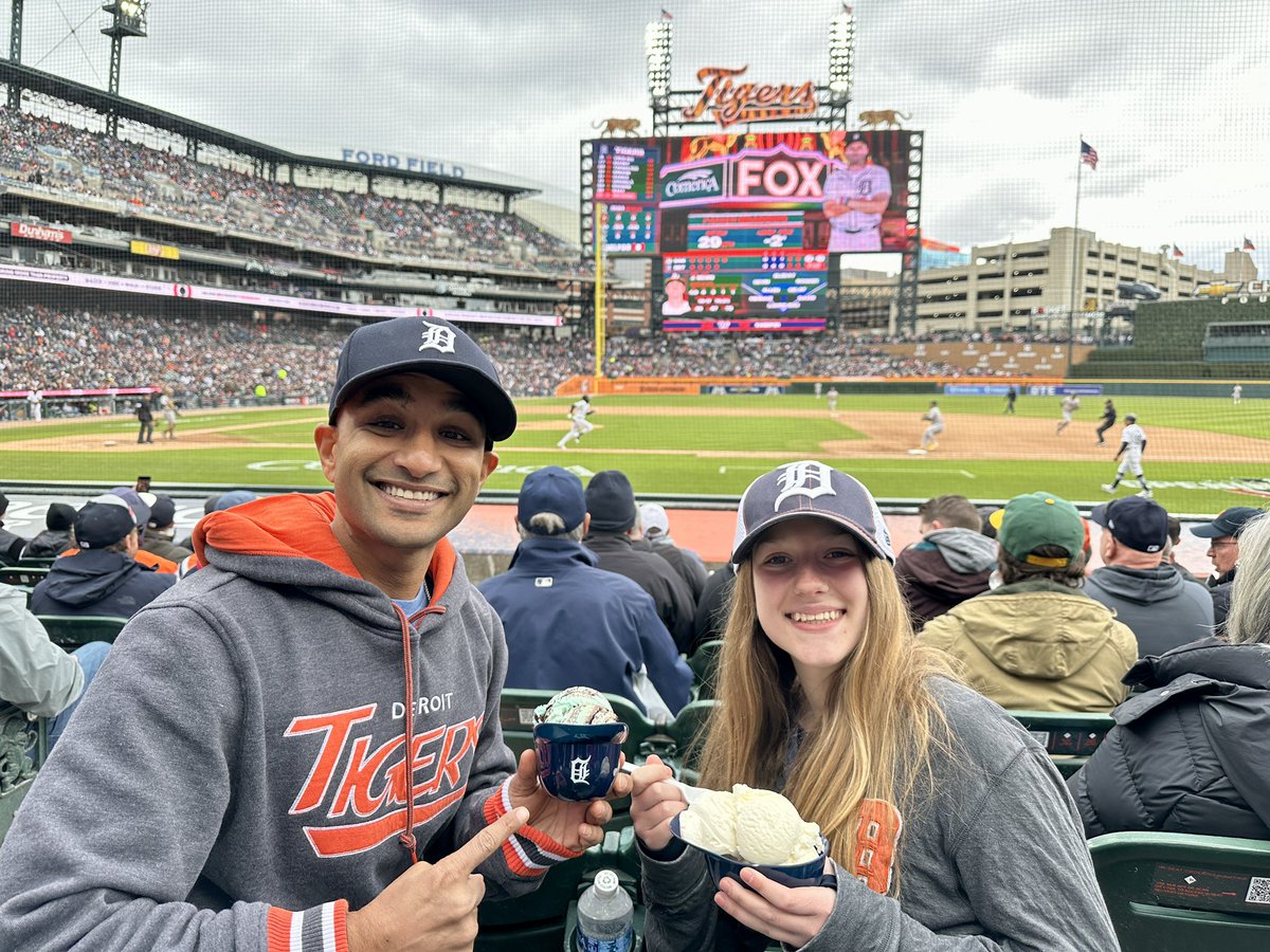 RoundingThirdMJ's tweet photo. Tigers Home Opener! And I have a VERY special guest. Every time I come to Detroit, I stay with Jessica and Adam. This year, I’m joined by their daughter Claire! The Tigers have a young core of players who aren’t that much older than Claire. These kids are incredibly fun to watch. https://t.co/8yNeJk7da7