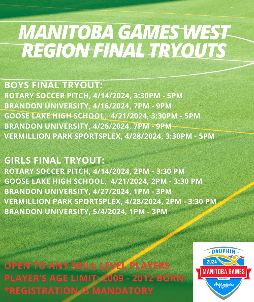 Last chance of joining West Region tryouts for the 2024 Manitoba Summer Games, come register it on Ramp today⚽