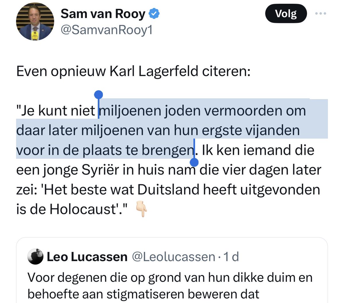 DaveDonin's tweet photo. @FDW_VB @ongehoordnedtv Doe geen moeite #FilipDewinter #VlaamsBelang, je poulain @SamvanRooy1 maakte de juiste vergelijking met citaat van Lagerfeld, waarom #Nazi het Duitse volk eerst bang maakten met #omvolking en vervangen te worden door #Joden en het internationaal complot was, net als die WEF zever https://t.co/VoWPM8NFIx