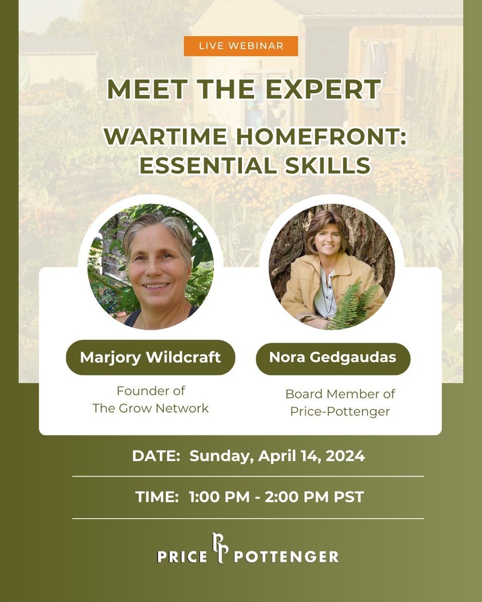 Join the live webinar with Nora Gedgaudas, a renowned expert in nutritional health &amp; Marjory Wildcraft, founder of The Grow Network, a community focused on modern self-sufficient living.

Wartime Homefront: Essential Skills 
📅 4/14/24
⏰ 1-2PM PT 

RSVP: hubs.ly/Q02r_Yy70