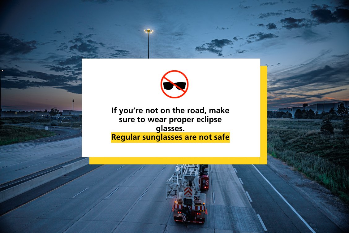 🌒 Excited for Monday's #solareclipse? Remember, safety first! It's happening from 2-5 p.m., with the peak around 3:20 p.m. in the GTA. As always, our highway crews will be on patrol, ensuring everyone stays safe.
