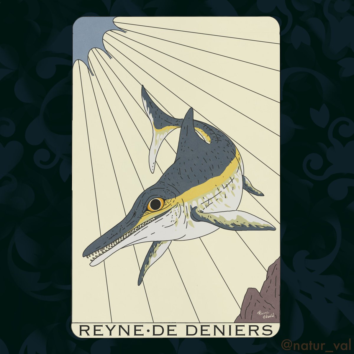 Tarots Before Time - Reyne de Deniers (Queen of Pentacles). Temnodontosaurus trigonodon, an ichthyosaur, a large marine reptile that lived during the Jurassic. The yellow band is a reference to the richness of the suit of pentacles and represents, in fact, the color of gold.