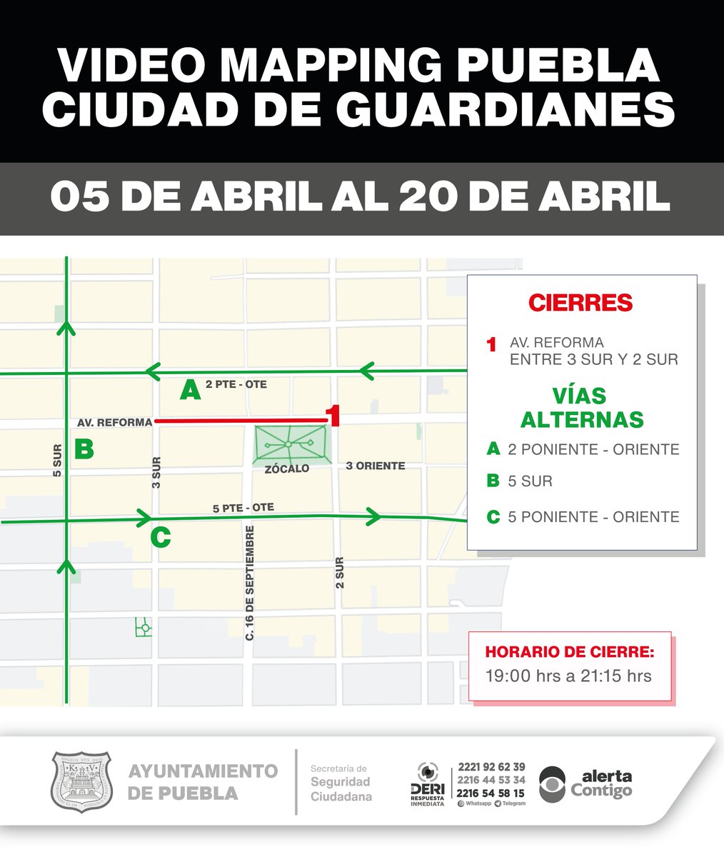 🚨 | Debido a la proyección del video mapping: 'Ciudad de Guardianes', del 5 al 20 de abril, se implementarán cierres a la circulación en el Centro Histórico. ⏰ De 19:00 a 21:15 horas. Maneja con precaución. 🚔